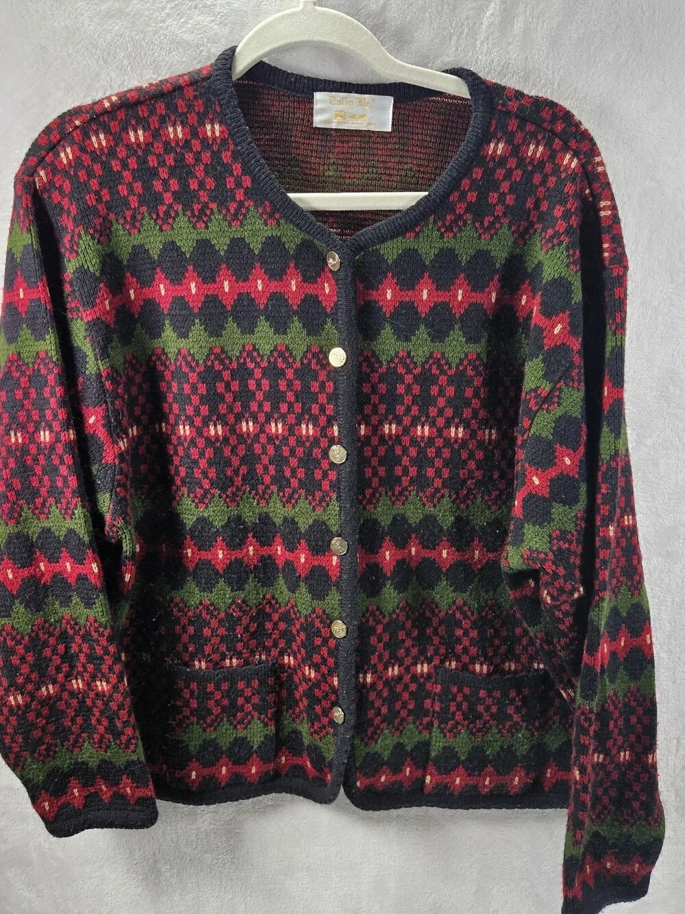 Tally-Ho Vintage Fair Isle Cardigan Sweater Navy Red Green Gold Buttons Womens L